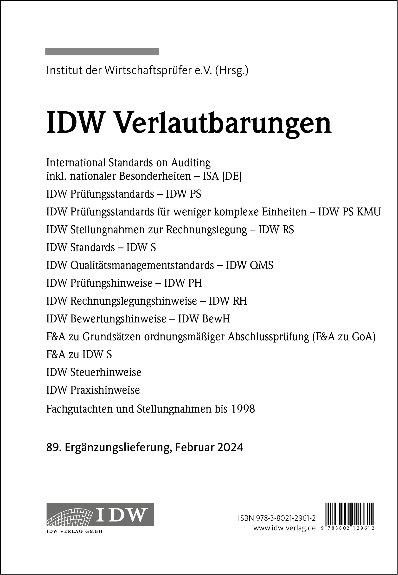 IDW Verlautbarungen 89. Ergänzungslieferung Februar 2024