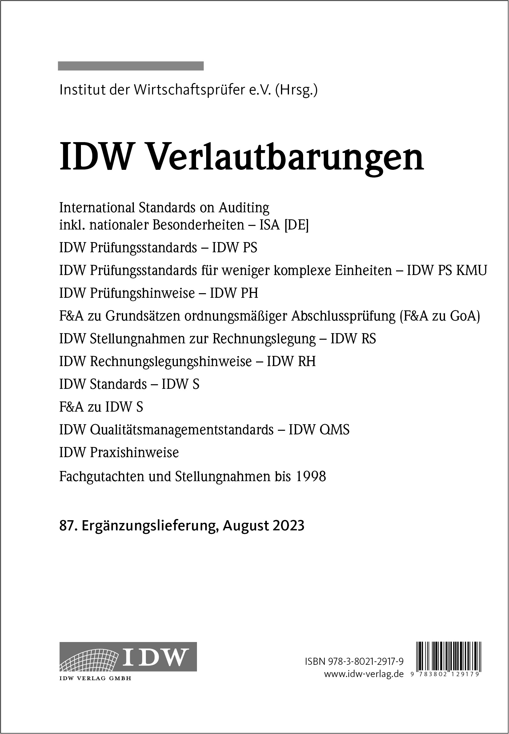 IDW Verlautbarungen - 87. Ergänzungslieferung   