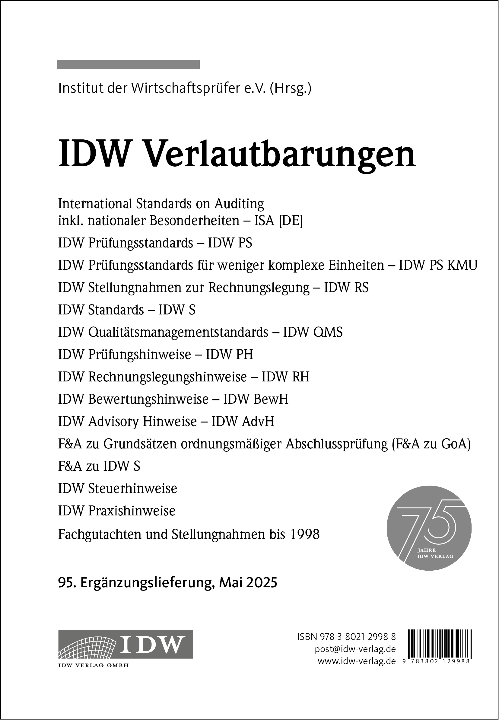 IDW Verlautbarungen 95. Ergänzungslieferung Mai 2025 