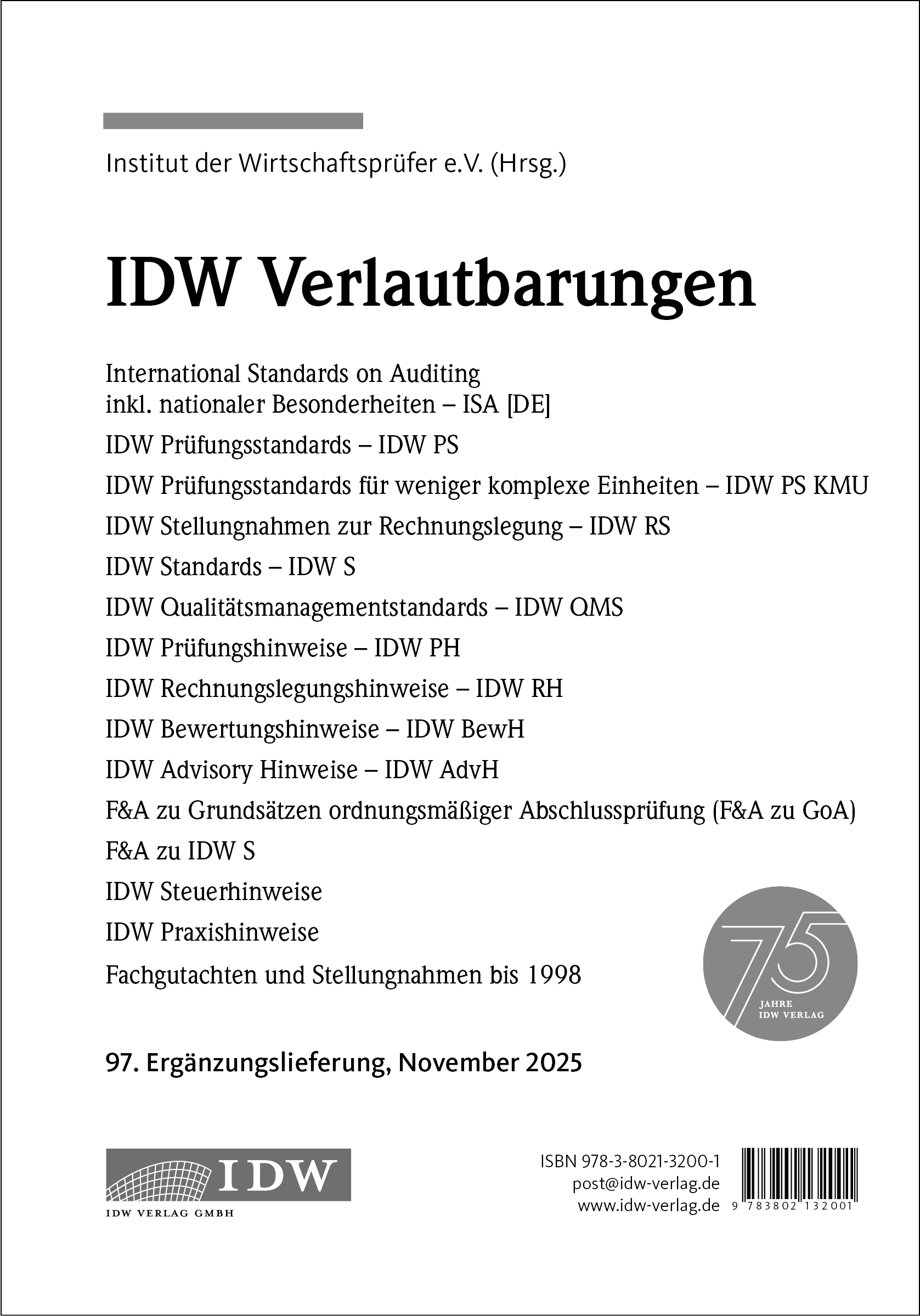 IDW Verlautbarungen 97. Ergänzungslieferung November 2025  