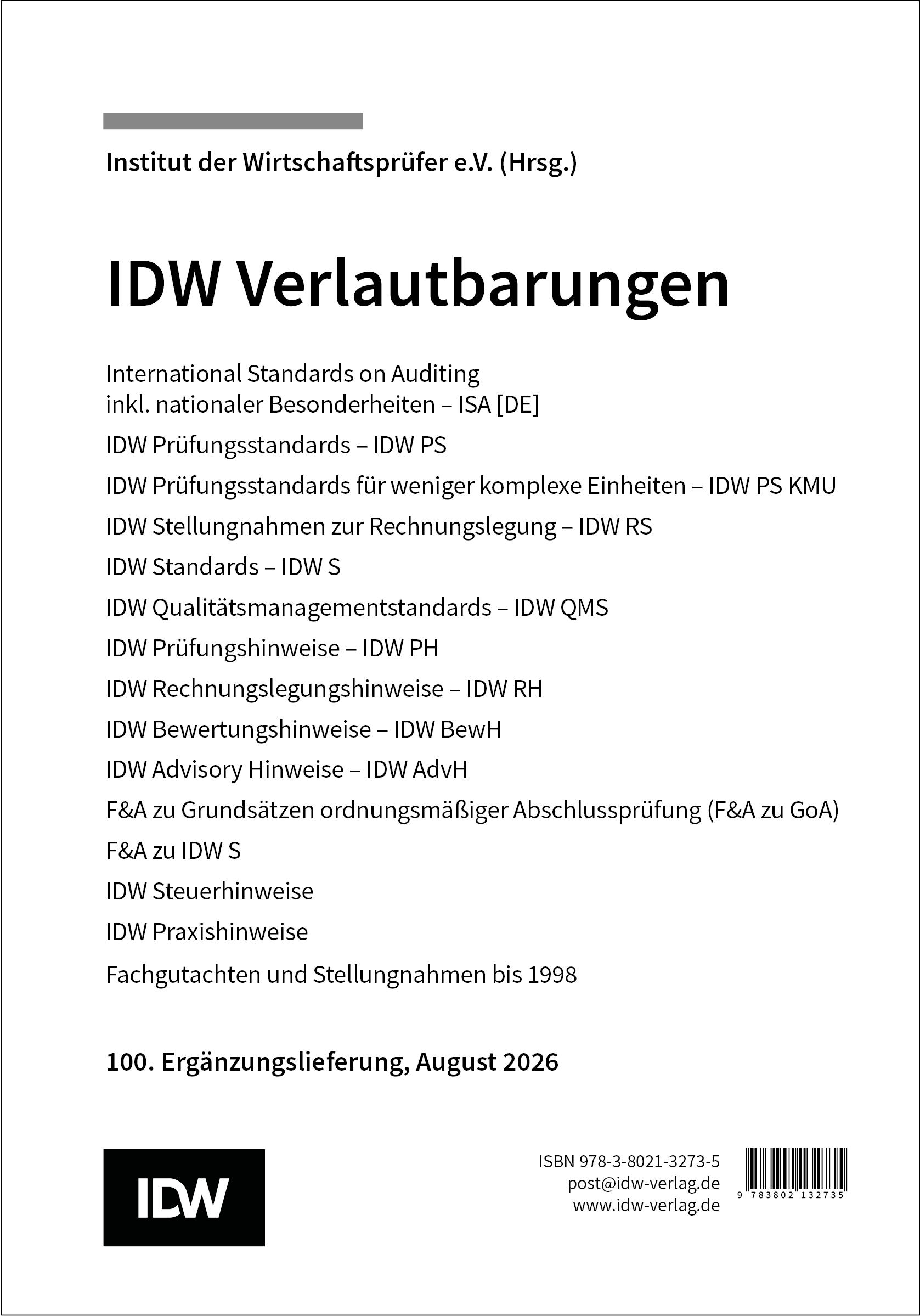 IDW Verlautbarungen 100. Ergänzungslieferung August 2026