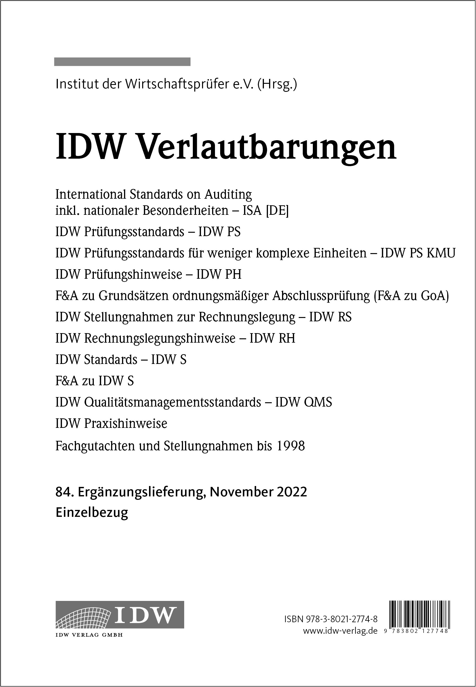 IDW Verlautbarungen - 84. Ergänzungslieferung 