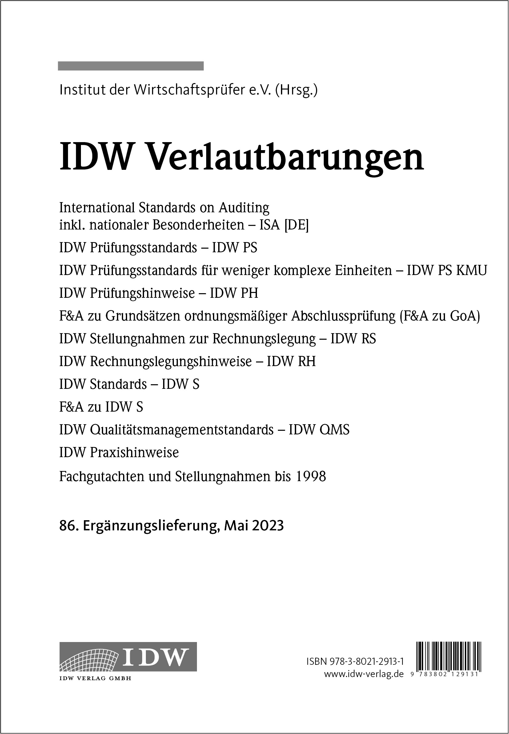 IDW Verlautbarungen - 86. Ergänzungslieferung, Mai 2023