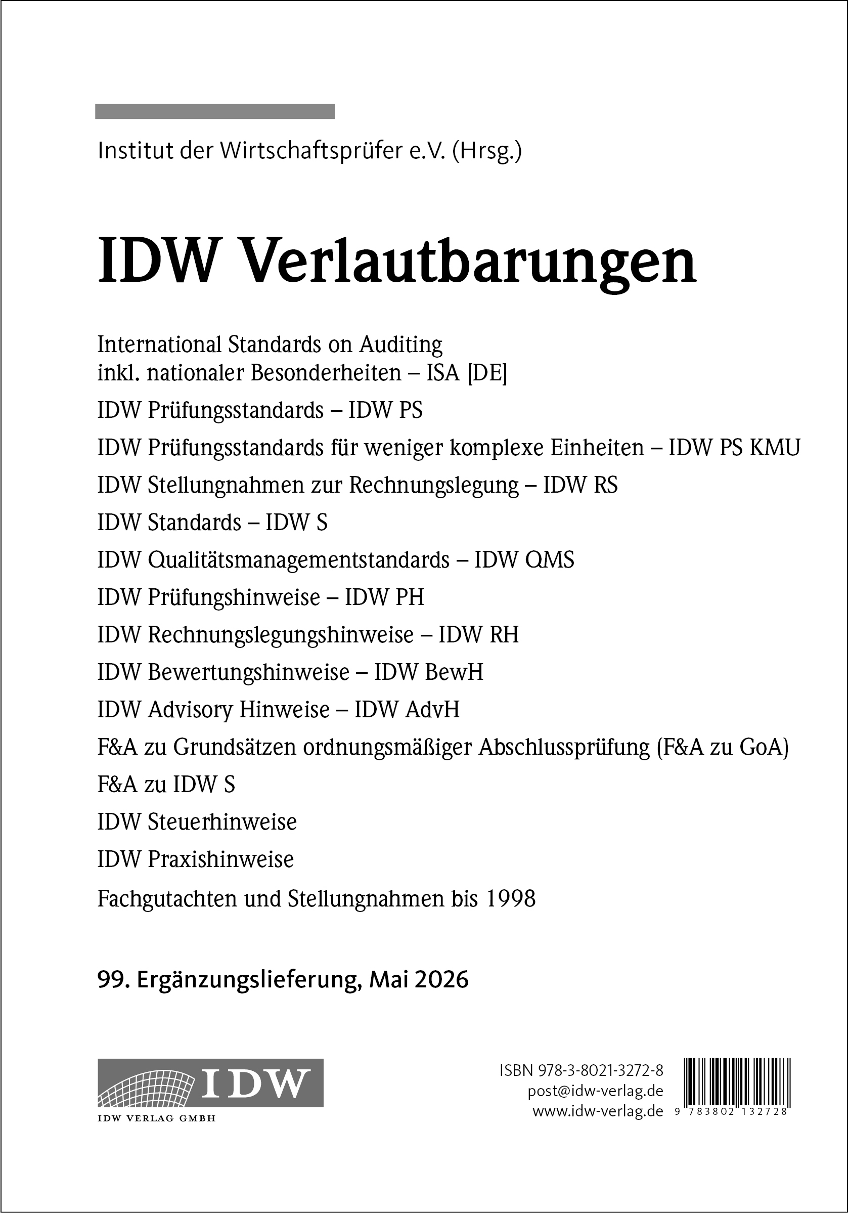 IDW Verlautbarungen 99. Ergänzungslieferung Mai 2026