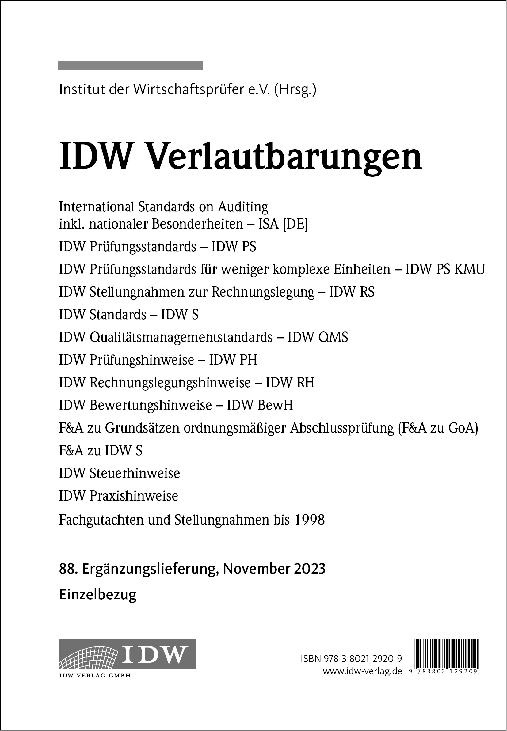 IDW Verlautbarungen 88. Ergänzungslieferung November 2023
